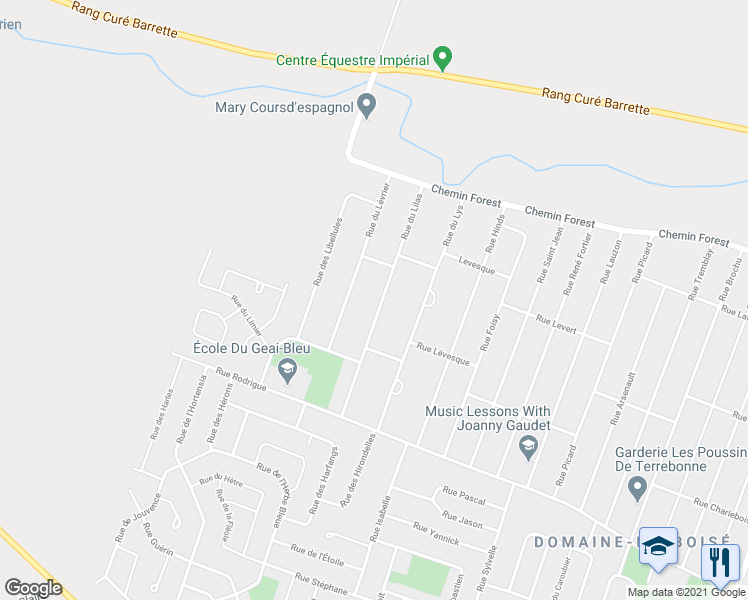 map of restaurants, bars, coffee shops, grocery stores, and more near 3380 Rue du Lilas in Terrebonne