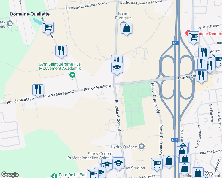 map of restaurants, bars, coffee shops, grocery stores, and more near 597 Rue de Martigny Ouest in Saint-Jérôme
