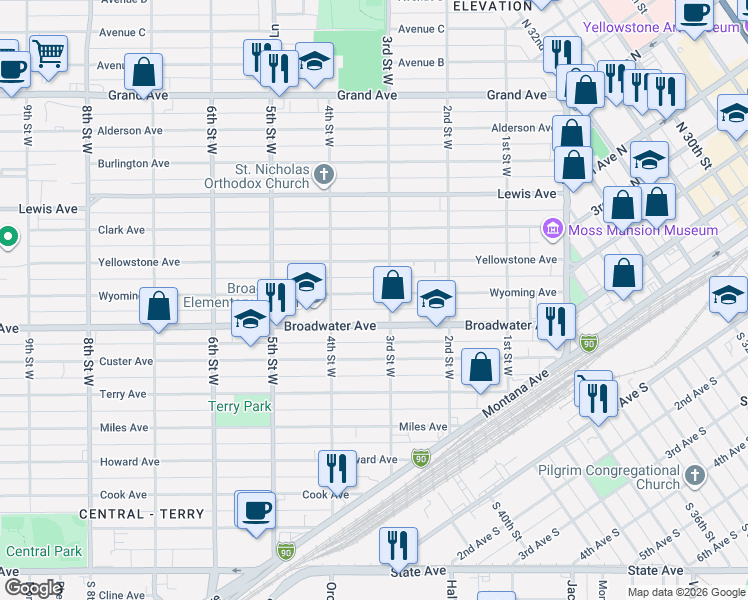 map of restaurants, bars, coffee shops, grocery stores, and more near 311 Wyoming Avenue in Billings