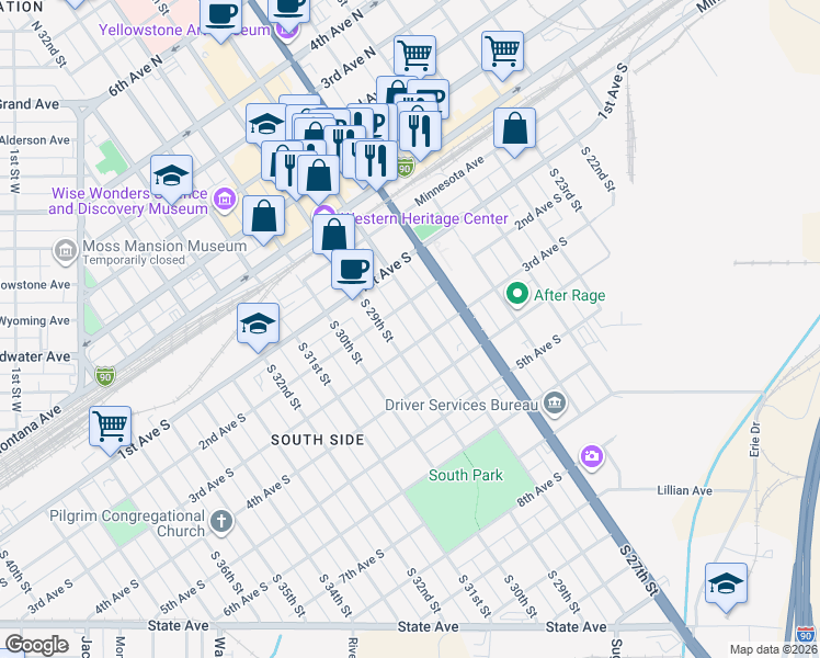 map of restaurants, bars, coffee shops, grocery stores, and more near 214 South 28th Street in Billings