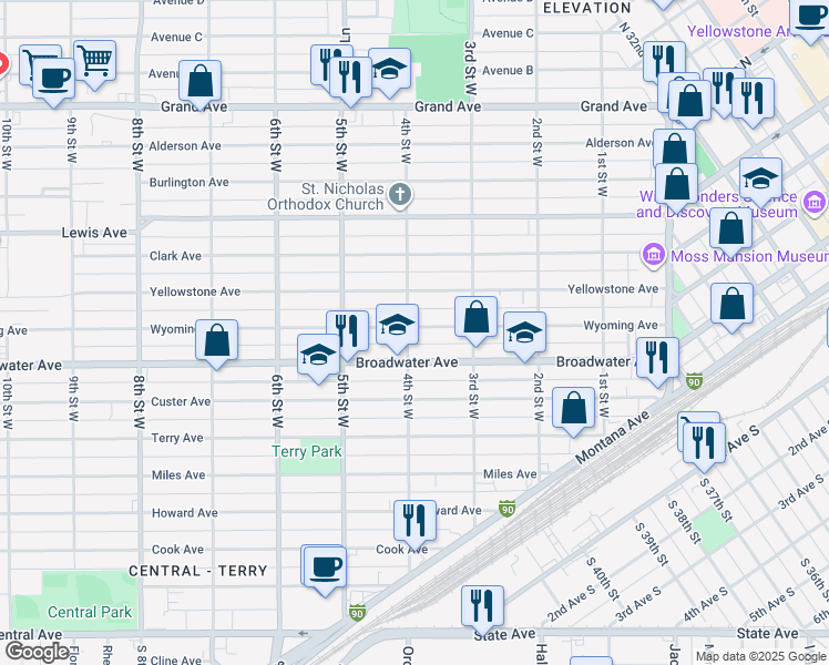 map of restaurants, bars, coffee shops, grocery stores, and more near 335 Wyoming Avenue in Billings