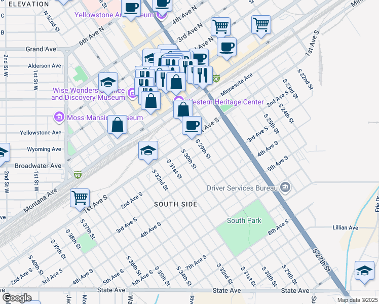 map of restaurants, bars, coffee shops, grocery stores, and more near 2920 1st Avenue North in Billings