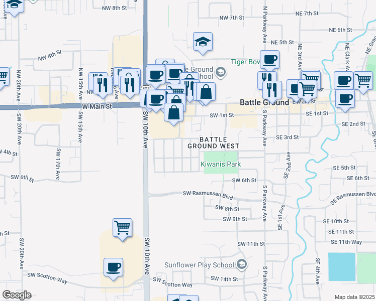 map of restaurants, bars, coffee shops, grocery stores, and more near 300 Southwest 7th Avenue in Battle Ground