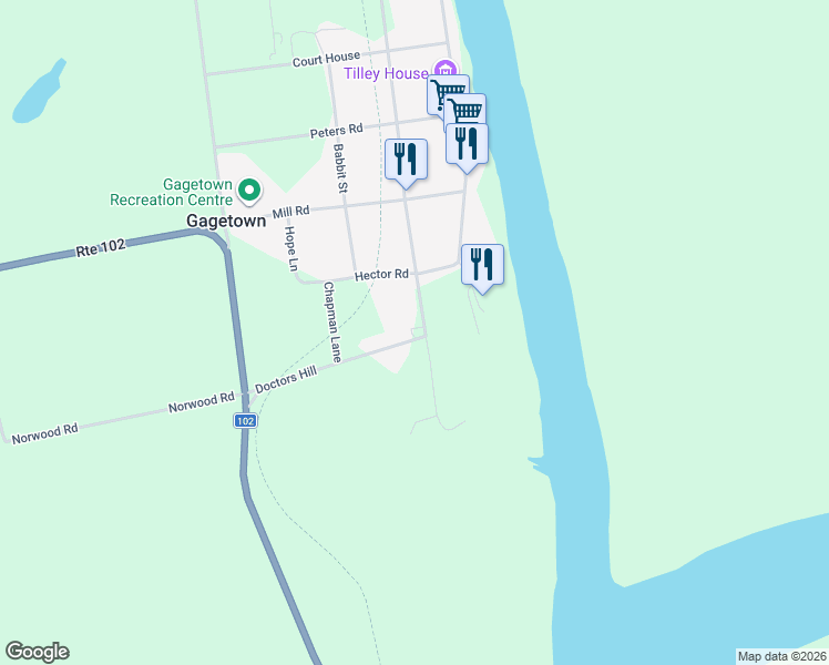 map of restaurants, bars, coffee shops, grocery stores, and more near 9 Tilley Road in Gagetown
