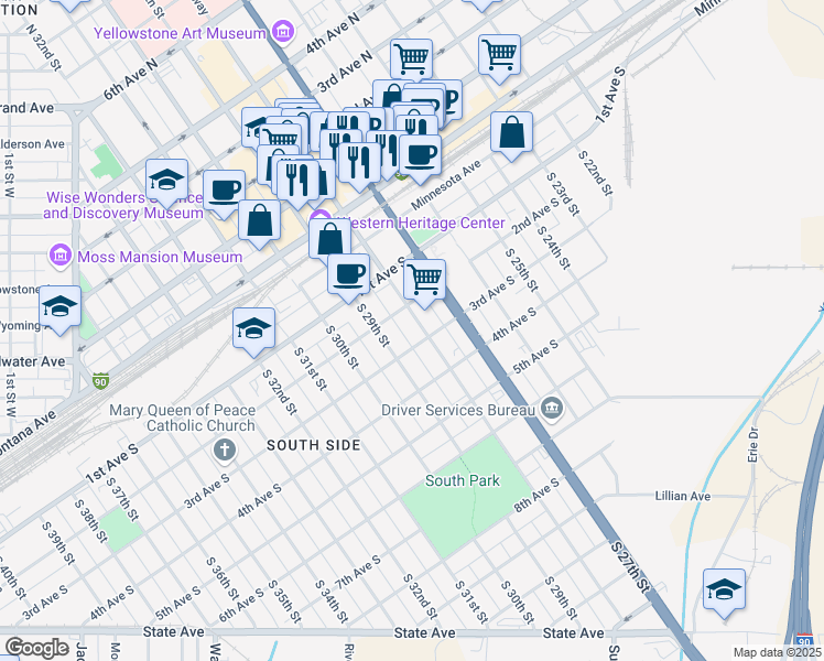 map of restaurants, bars, coffee shops, grocery stores, and more near 214 South 28th Street in Billings