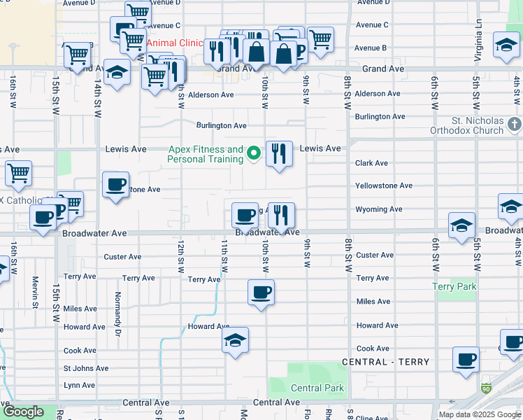 map of restaurants, bars, coffee shops, grocery stores, and more near 1015 Wyoming Avenue in Billings