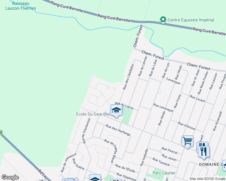map of restaurants, bars, coffee shops, grocery stores, and more near 3250 Rue du Levraut in Terrebonne
