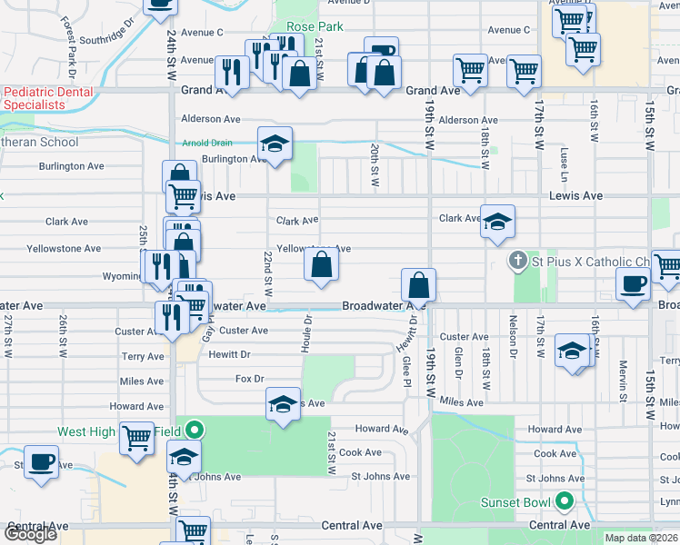 map of restaurants, bars, coffee shops, grocery stores, and more near 2039 Broadwater Avenue in Billings