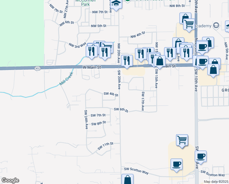 map of restaurants, bars, coffee shops, grocery stores, and more near 2100 Southwest 4th Street in Battle Ground