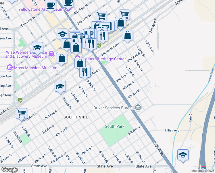 map of restaurants, bars, coffee shops, grocery stores, and more near 216 South 27th Street in Billings