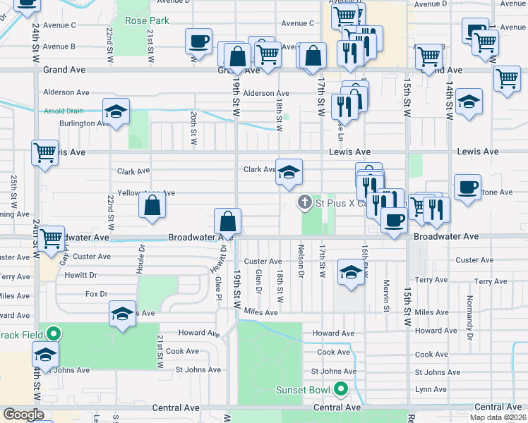 map of restaurants, bars, coffee shops, grocery stores, and more near 1816 Yellowstone Avenue in Billings