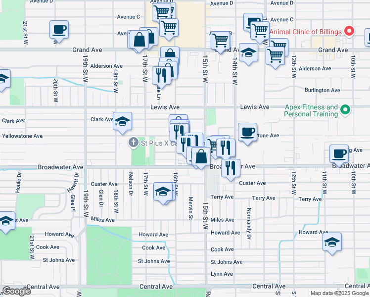 map of restaurants, bars, coffee shops, grocery stores, and more near 1514 Yellowstone Avenue in Billings