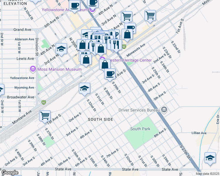 map of restaurants, bars, coffee shops, grocery stores, and more near 115 South 30th Street in Billings