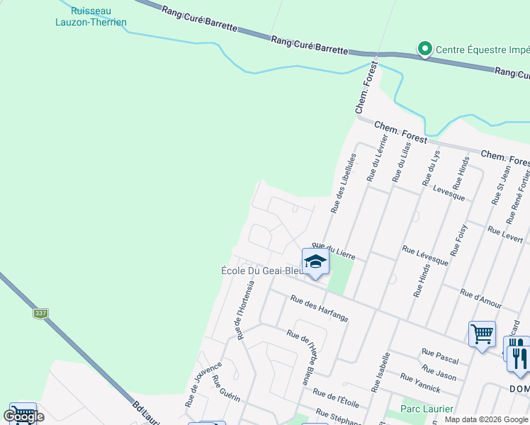 map of restaurants, bars, coffee shops, grocery stores, and more near 7408 Rue du Limier in Terrebonne