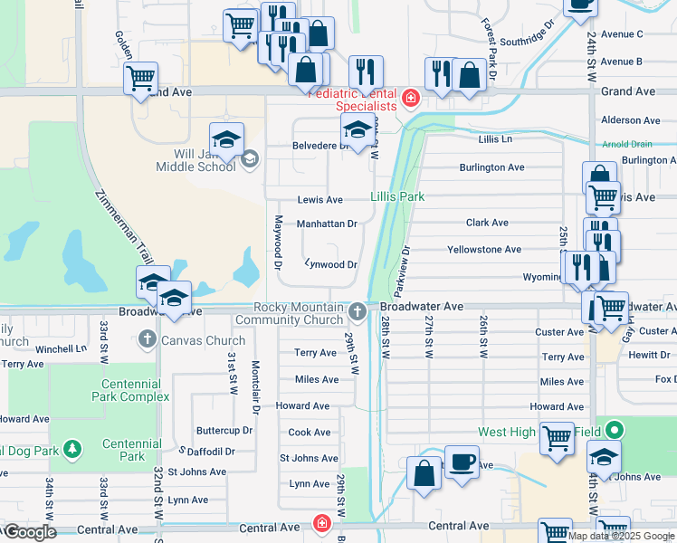 map of restaurants, bars, coffee shops, grocery stores, and more near 2820 Lynwood Drive in Billings