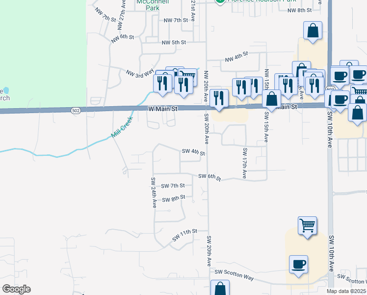 map of restaurants, bars, coffee shops, grocery stores, and more near 2112 Southwest 4th Street in Battle Ground