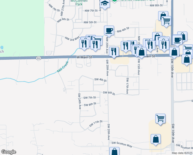 map of restaurants, bars, coffee shops, grocery stores, and more near 2112 Southwest 4th Street in Battle Ground