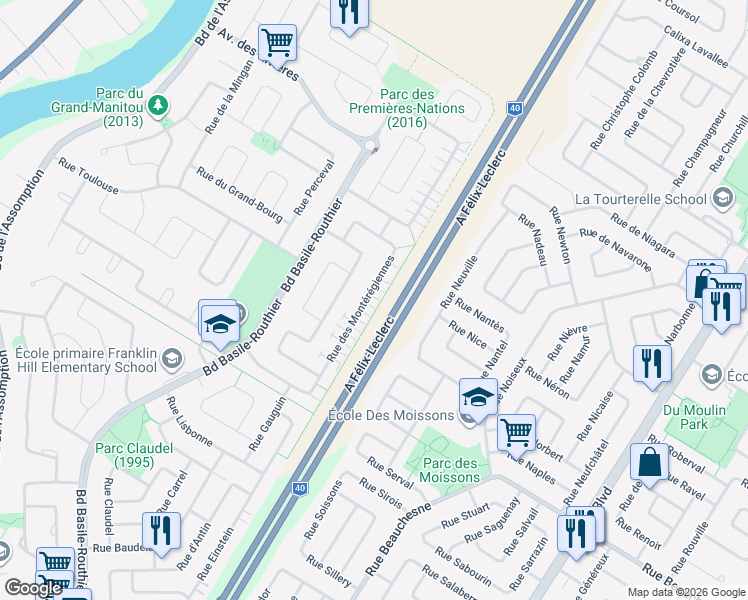 map of restaurants, bars, coffee shops, grocery stores, and more near 1250 Rue des Montérégiennes in Repentigny