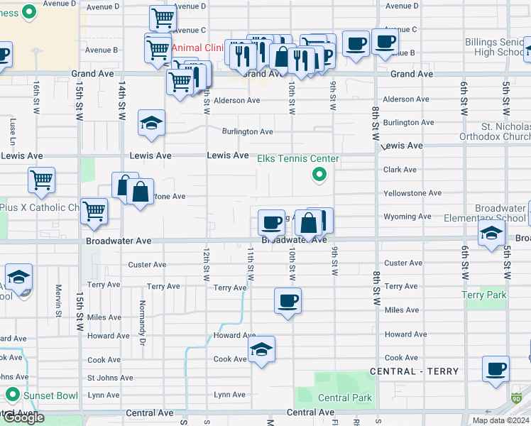 map of restaurants, bars, coffee shops, grocery stores, and more near 1029 Wyoming Avenue in Billings