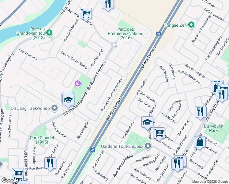 map of restaurants, bars, coffee shops, grocery stores, and more near 1250 Rue des Montérégiennes in Repentigny