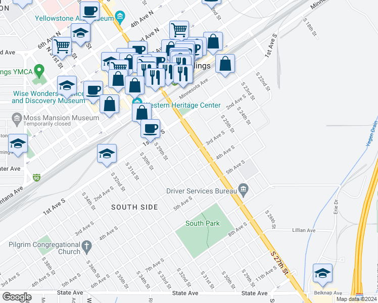 map of restaurants, bars, coffee shops, grocery stores, and more near 216 South 27th Street in Billings