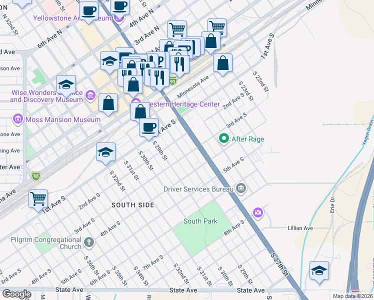 map of restaurants, bars, coffee shops, grocery stores, and more near 216 South 27th Street in Billings