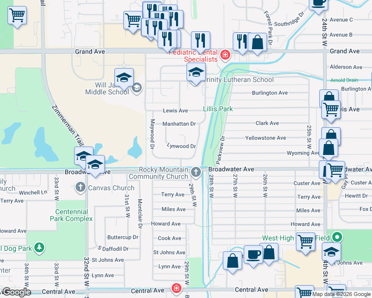 map of restaurants, bars, coffee shops, grocery stores, and more near 2809 Lynwood Drive in Billings