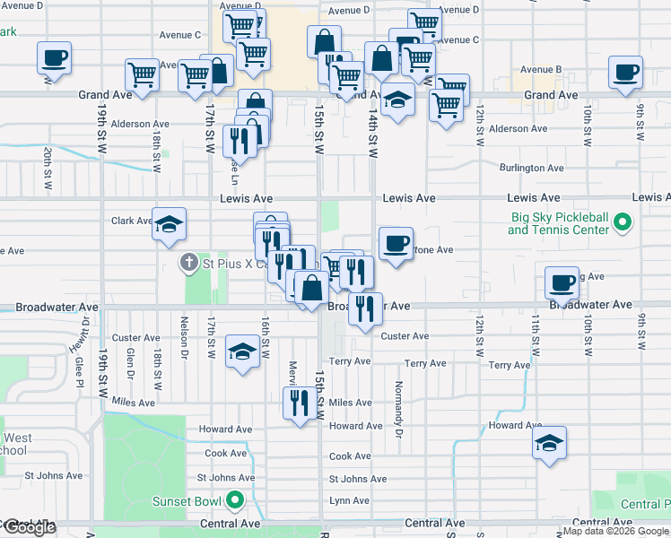 map of restaurants, bars, coffee shops, grocery stores, and more near 1444 Yellowstone Avenue in Billings