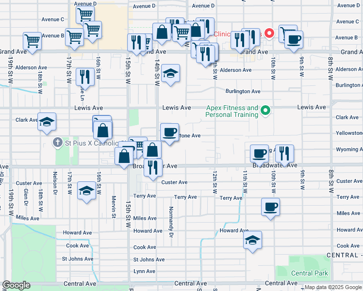 map of restaurants, bars, coffee shops, grocery stores, and more near 1310 Yellowstone Avenue in Billings
