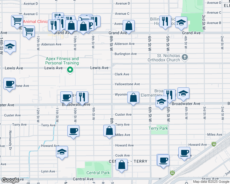 map of restaurants, bars, coffee shops, grocery stores, and more near 743 Wyoming Avenue in Billings