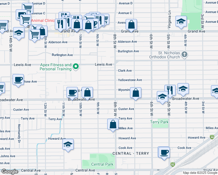map of restaurants, bars, coffee shops, grocery stores, and more near 815 Wyoming Avenue in Billings