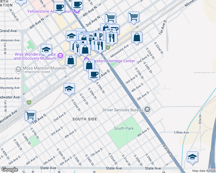 map of restaurants, bars, coffee shops, grocery stores, and more near 214 South 28th Street in Billings