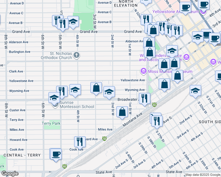 map of restaurants, bars, coffee shops, grocery stores, and more near 810 2nd Street West in Billings