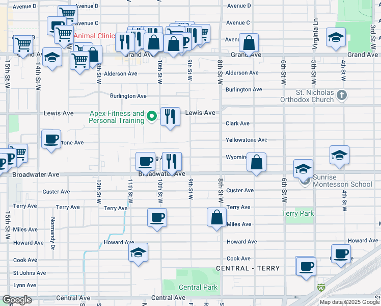 map of restaurants, bars, coffee shops, grocery stores, and more near 909 Wyoming Avenue in Billings