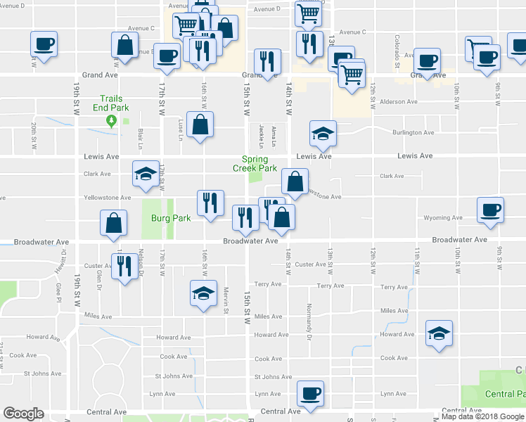 map of restaurants, bars, coffee shops, grocery stores, and more near 1444 Yellowstone Avenue in Billings