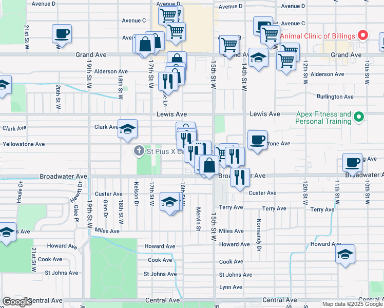 map of restaurants, bars, coffee shops, grocery stores, and more near 1514 Yellowstone Avenue in Billings
