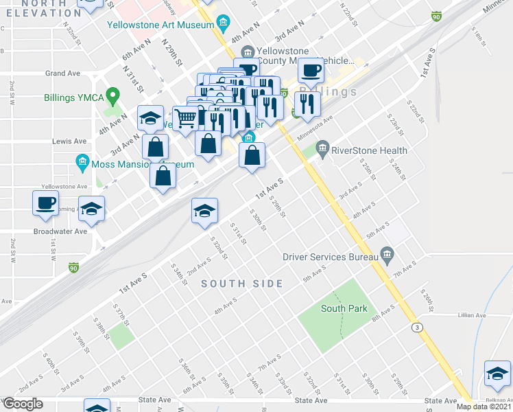 map of restaurants, bars, coffee shops, grocery stores, and more near 2920 1st Avenue North in Billings