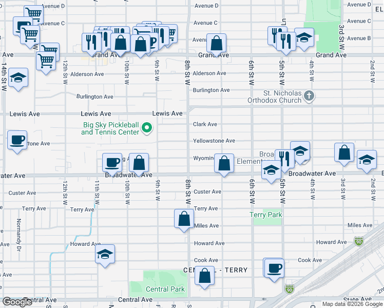 map of restaurants, bars, coffee shops, grocery stores, and more near 751 Wyoming Ave in Billings