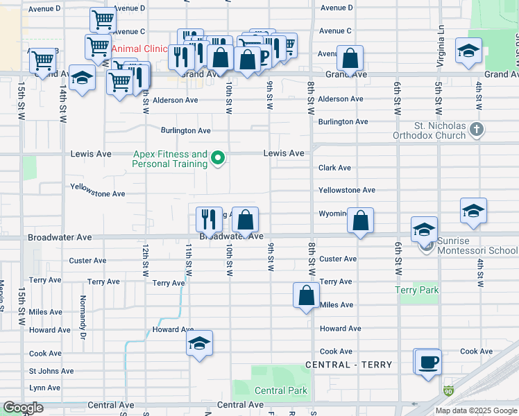 map of restaurants, bars, coffee shops, grocery stores, and more near 909 Wyoming Avenue in Billings