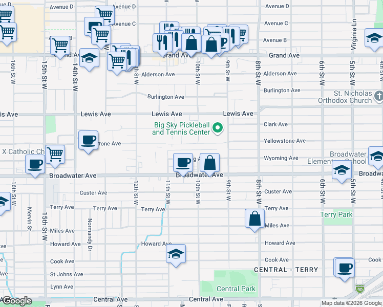 map of restaurants, bars, coffee shops, grocery stores, and more near 1015 Wyoming Avenue in Billings