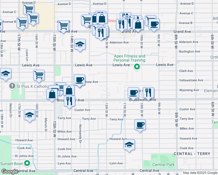 map of restaurants, bars, coffee shops, grocery stores, and more near 845 12th Street West in Billings