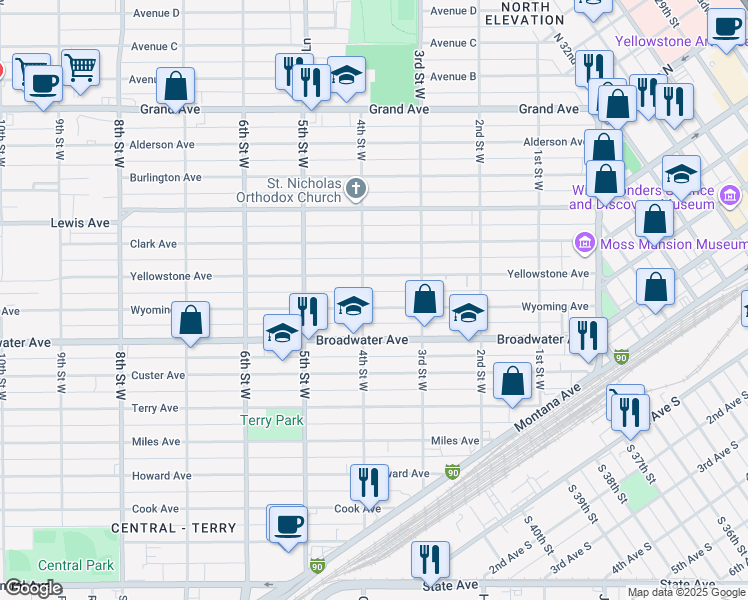 map of restaurants, bars, coffee shops, grocery stores, and more near 335 Wyoming Avenue in Billings
