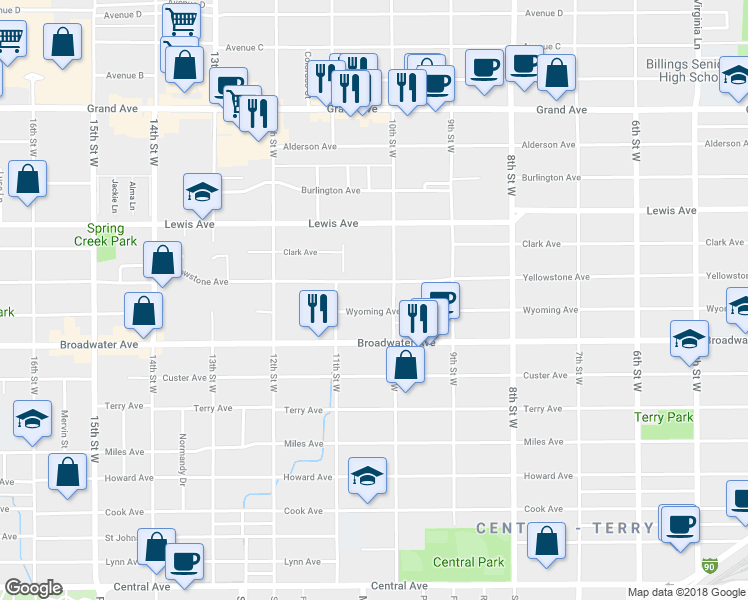 map of restaurants, bars, coffee shops, grocery stores, and more near 1015 Wyoming Avenue in Billings