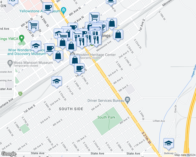map of restaurants, bars, coffee shops, grocery stores, and more near 216 South 27th Street in Billings