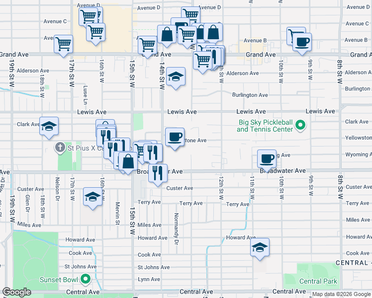 map of restaurants, bars, coffee shops, grocery stores, and more near 1310 Yellowstone Avenue in Billings