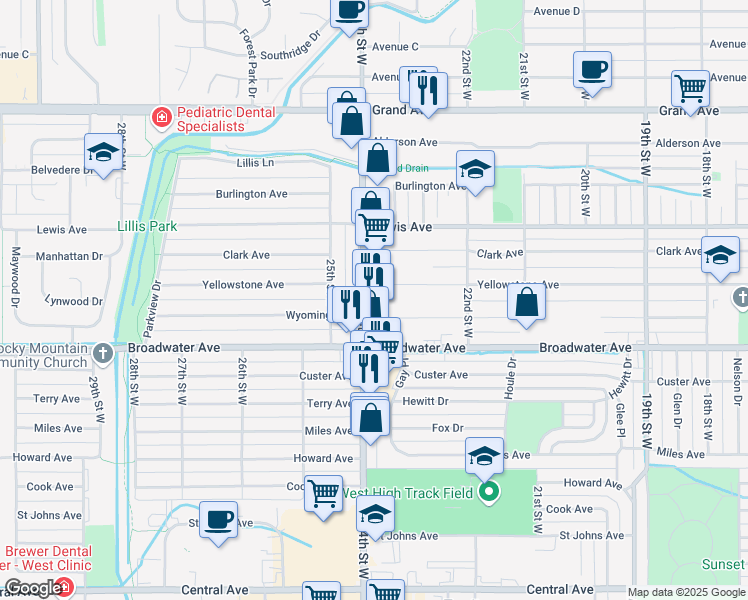map of restaurants, bars, coffee shops, grocery stores, and more near 813 24th Street West in Billings