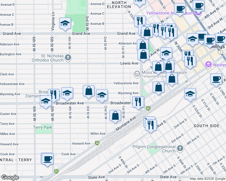 map of restaurants, bars, coffee shops, grocery stores, and more near 123 Wyoming Avenue in Billings