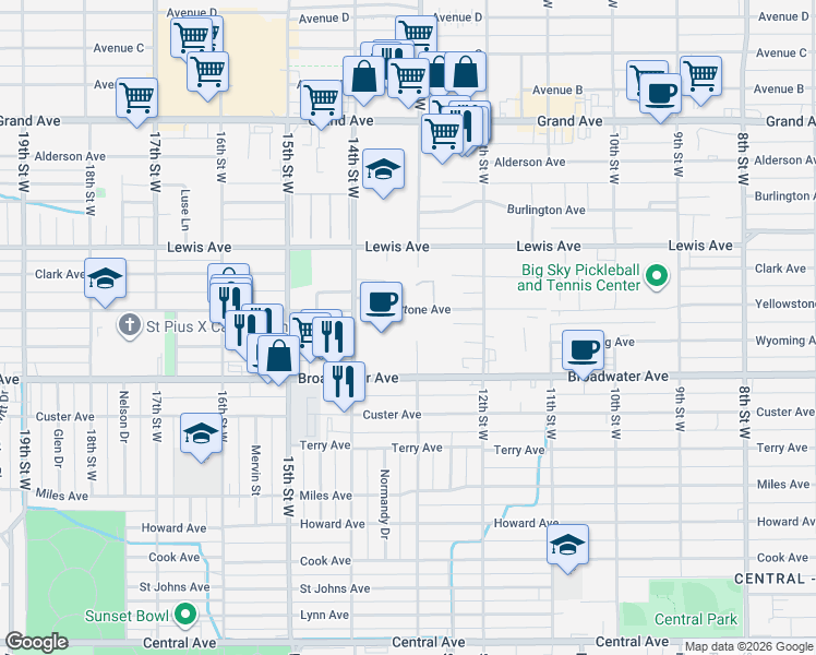 map of restaurants, bars, coffee shops, grocery stores, and more near 1310 Yellowstone Avenue in Billings