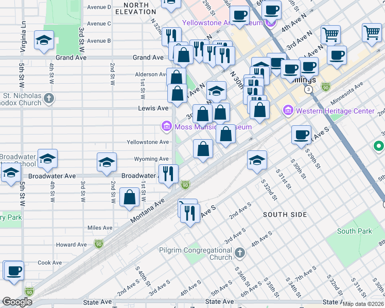 map of restaurants, bars, coffee shops, grocery stores, and more near in Billings