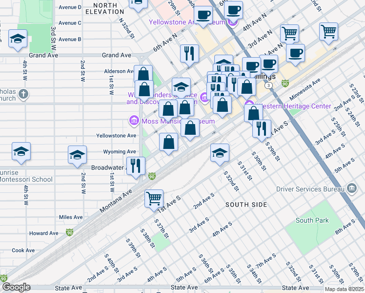 map of restaurants, bars, coffee shops, grocery stores, and more near 18 North 33rd Street in Billings